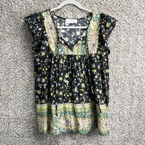 Self Contrast Top Women’s M Black and Yellow Patterned Short Sleeve Blouse